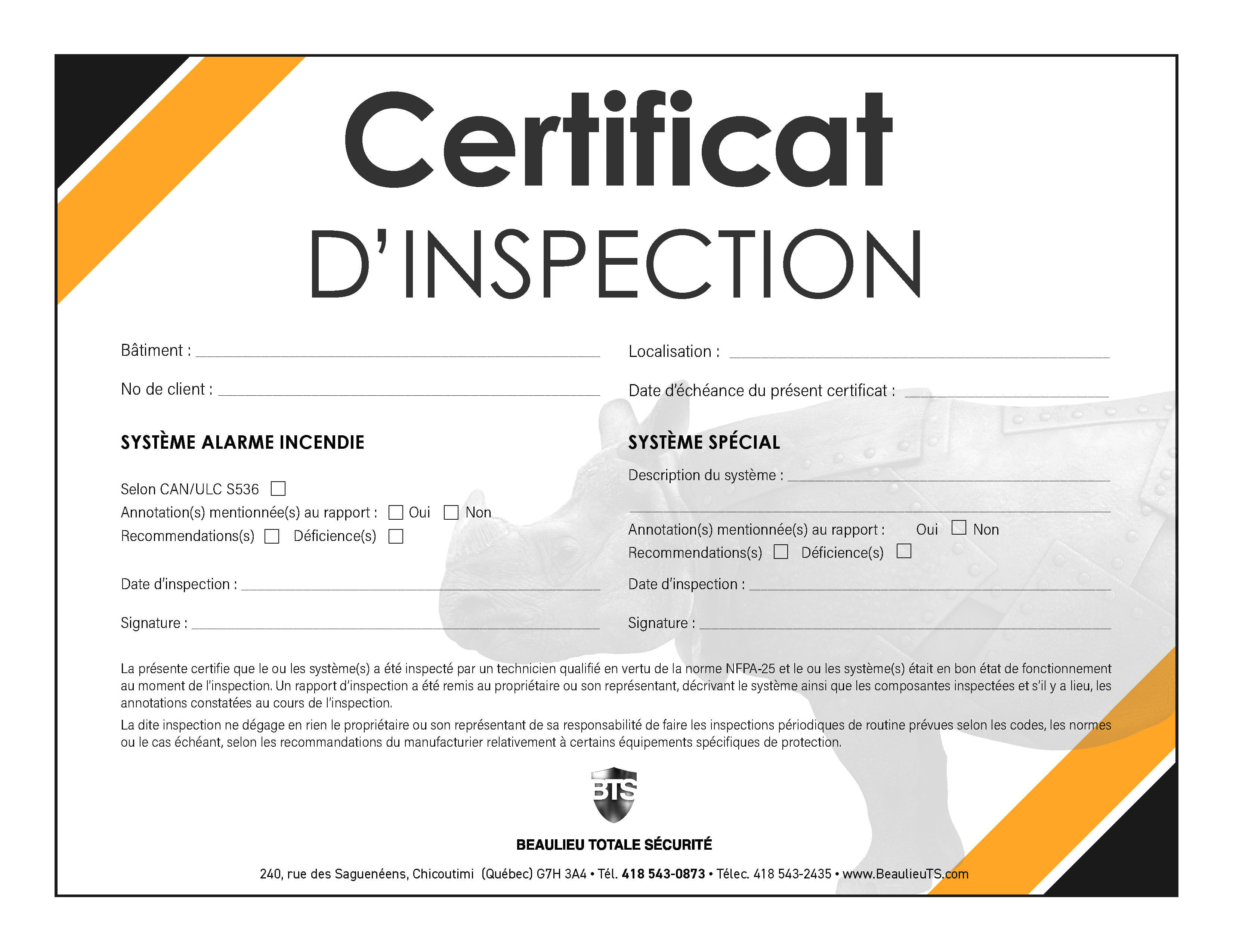 Inspection certificate